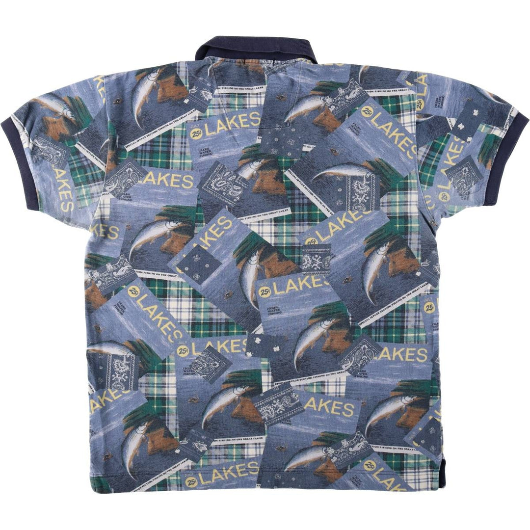 Nautica all-over print short-sleeved polo shirt, men's size M. cotton blue type Vintage Second Hand