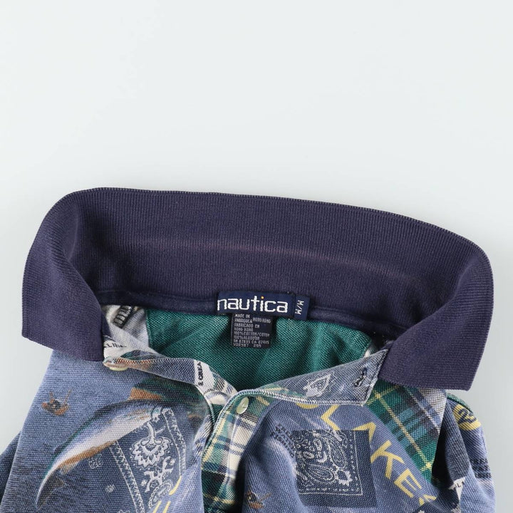 Nautica all-over print short-sleeved polo shirt, men's size M. cotton blue type Vintage Second Hand