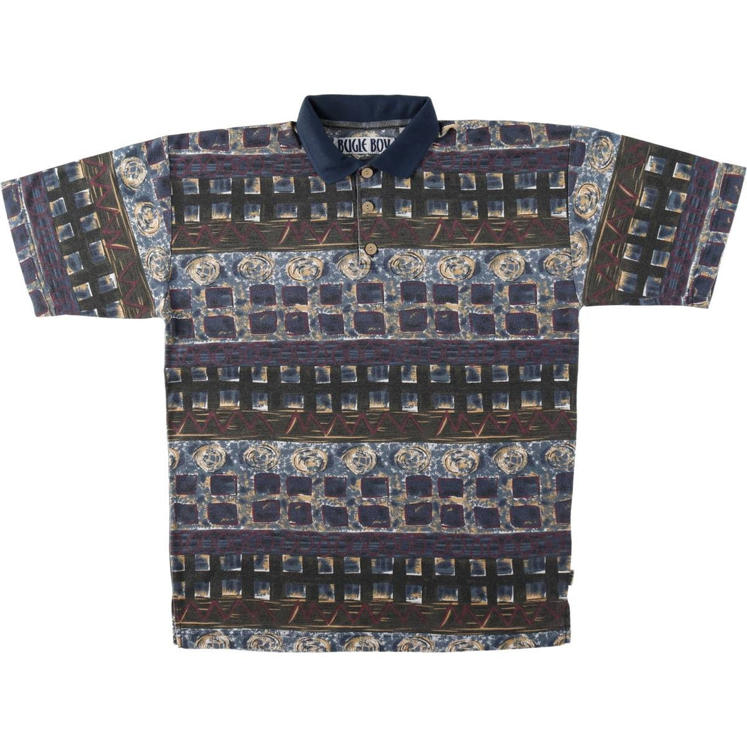 BUGLE BOY all-over print short-sleeved polo shirt, men's size M equivalent. polyester Charcoal Vintage Second Hand