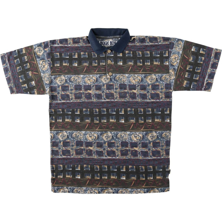 BUGLE BOY all-over print short-sleeved polo shirt, men's size M equivalent. polyester Charcoal Vintage Second Hand