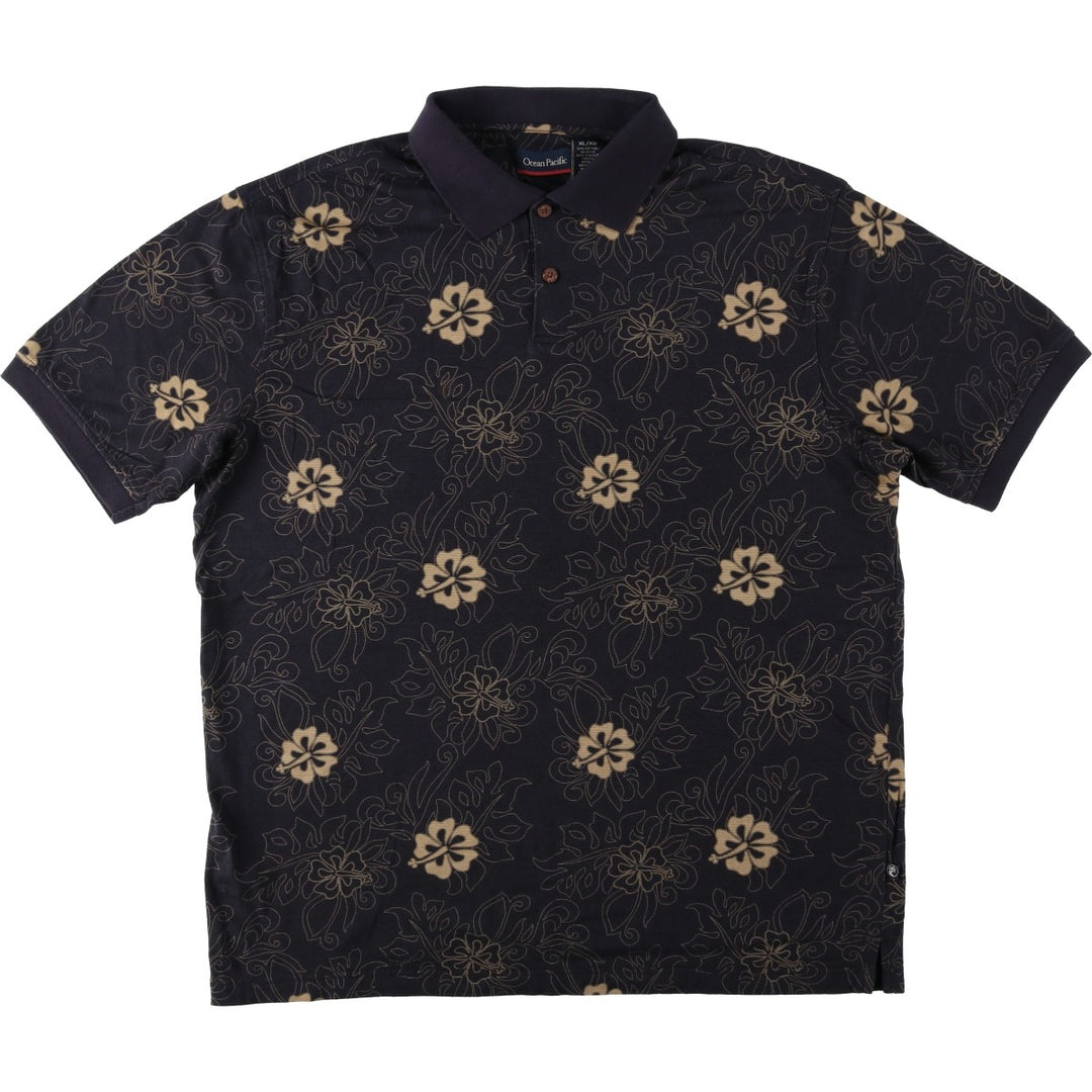 Ocean Pacific all-over print short-sleeved polo shirt, men's size XL (approx.) cotton black type Vintage Second Hand
