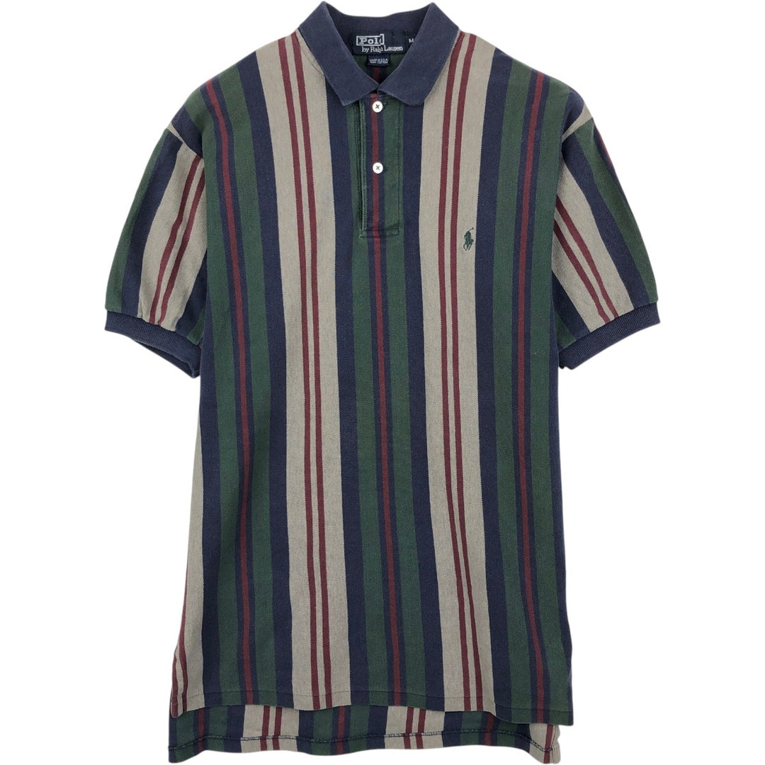 1990'S Ralph Lauren POLO by Ralph Lauren Multi-stripe Short-Sleeve Polo Shirt, Made in USA, Men's Size M (approx.) cotton navy blue type Vintage Second Hand