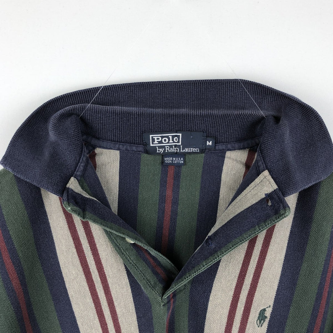 1990'S Ralph Lauren POLO by Ralph Lauren Multi-stripe Short-Sleeve Polo Shirt, Made in USA, Men's Size M (approx.) cotton navy blue type Vintage Second Hand