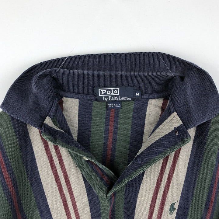 1990'S Ralph Lauren POLO by Ralph Lauren Multi-stripe Short-Sleeve Polo Shirt, Made in USA, Men's Size M (approx.) cotton navy blue type Vintage Second Hand