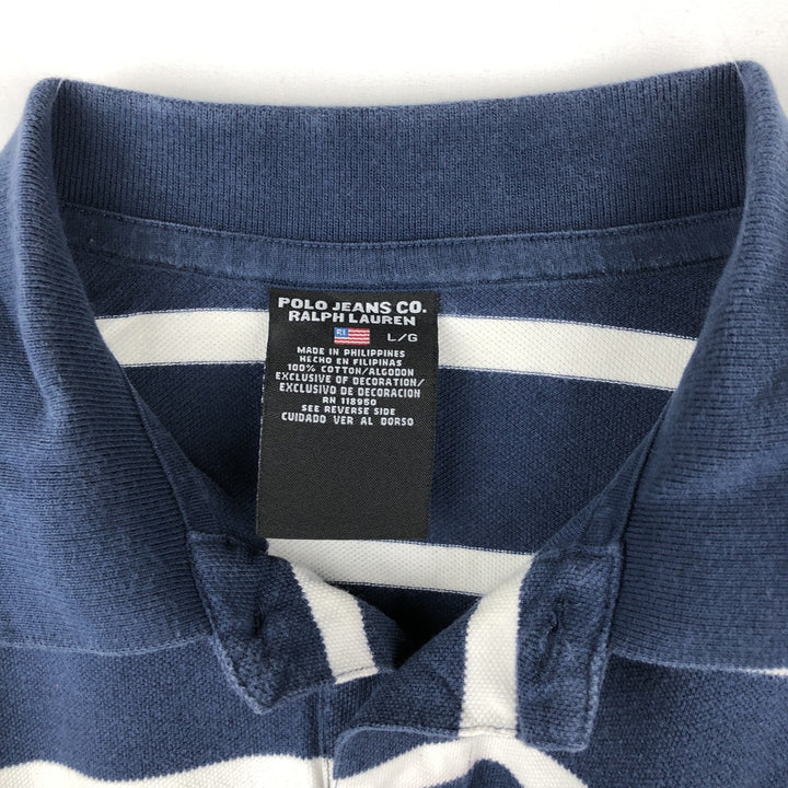 Ralph Lauren POLO JEANS COMPANY Short-Sleeve Striped Polo Shirt, Men's Size L (approx.) cotton navy blue type Vintage Second Hand
