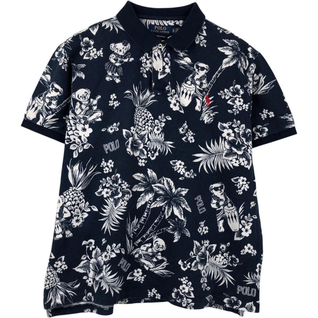 Ralph Lauren POLO RALPH LAUREN CUSTOM SLIM FIT all-over print short-sleeved polo shirt, men's size XL (approx.) cotton navy blue type Vintage Second Hand
