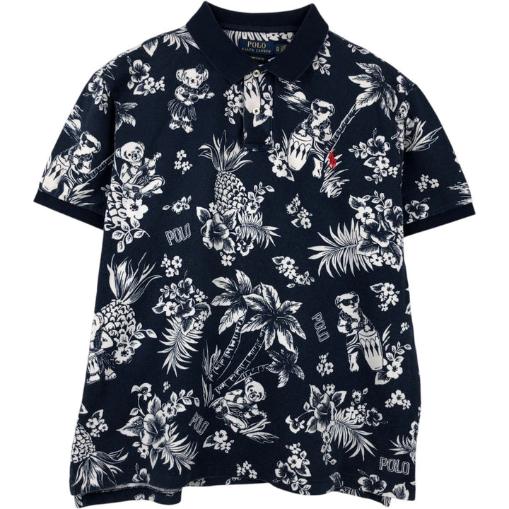 Ralph Lauren POLO RALPH LAUREN CUSTOM SLIM FIT all-over print short-sleeved polo shirt, men's size XL (approx.) cotton navy blue type Vintage Second Hand