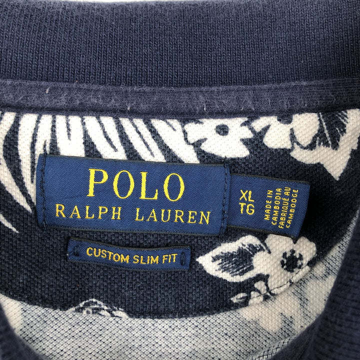Ralph Lauren POLO RALPH LAUREN CUSTOM SLIM FIT all-over print short-sleeved polo shirt, men's size XL (approx.) cotton navy blue type Vintage Second Hand
