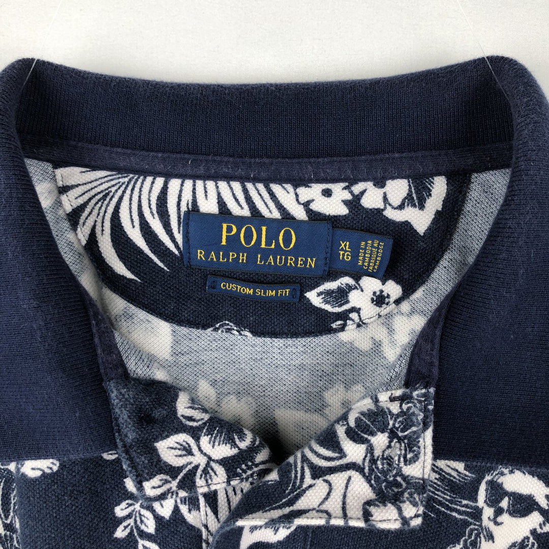 Ralph Lauren POLO RALPH LAUREN CUSTOM SLIM FIT all-over print short-sleeved polo shirt, men's size XL (approx.) cotton navy blue type Vintage Second Hand