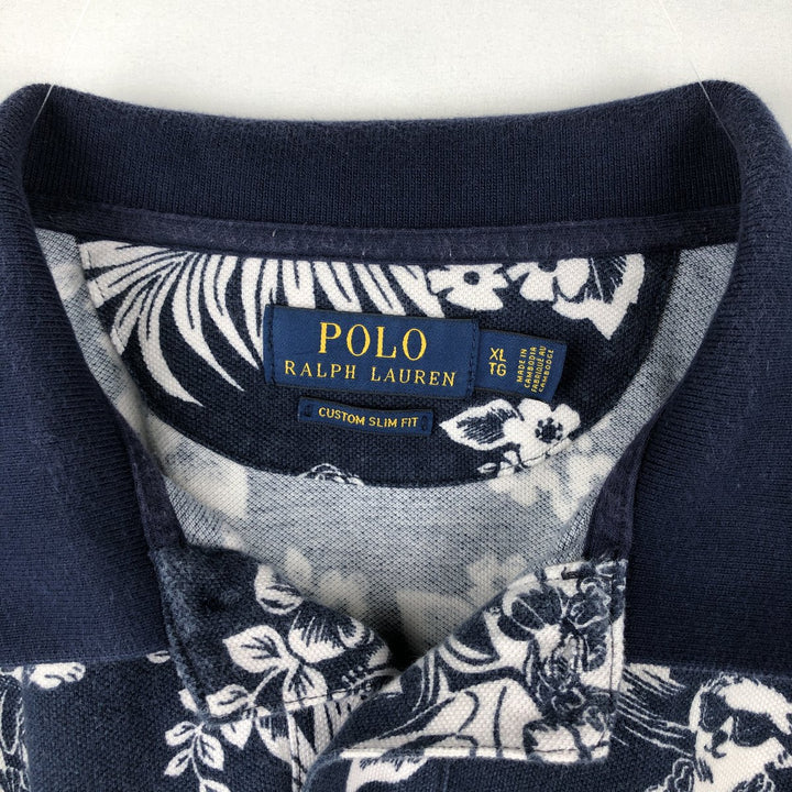 Ralph Lauren POLO RALPH LAUREN CUSTOM SLIM FIT all-over print short-sleeved polo shirt, men's size XL (approx.) cotton navy blue type Vintage Second Hand