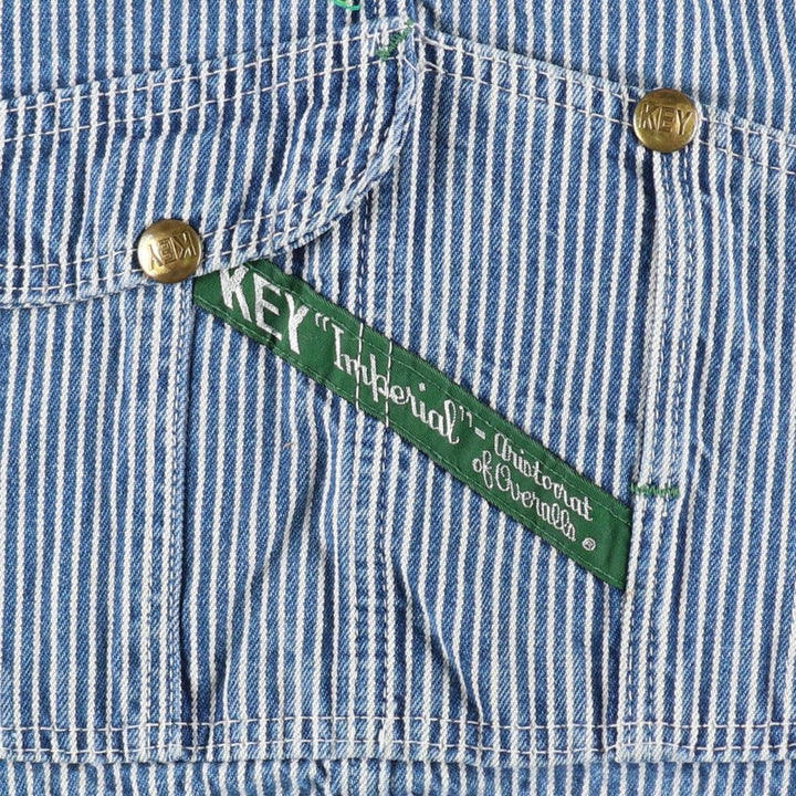 Key Stripe Pattern Painted Hickory Stripe Custom Denim Overalls, Made in USA, Men's W35 (approx.) cotton Indigo Vintage Second Hand
