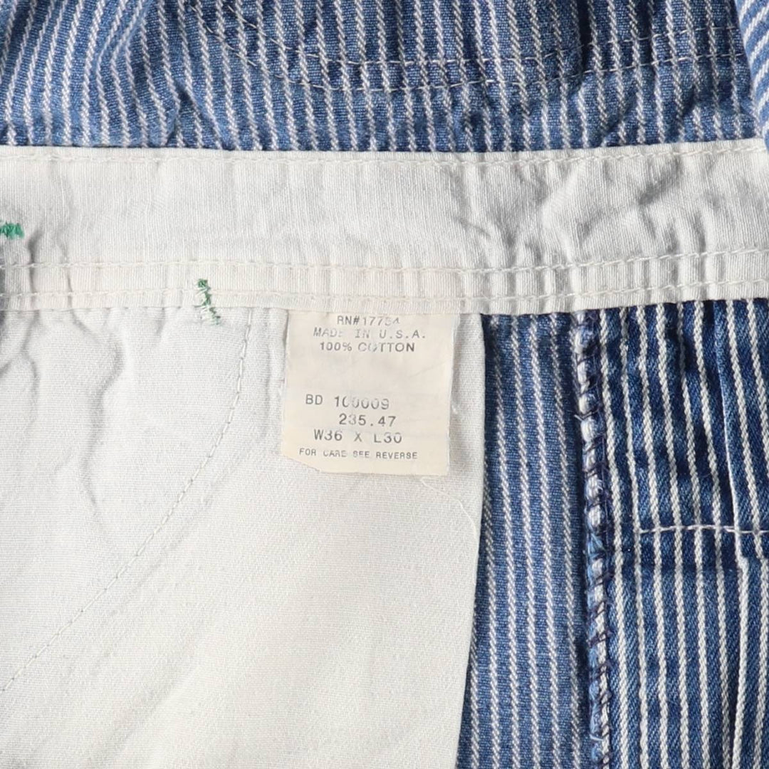 Key Stripe Pattern Painted Hickory Stripe Custom Denim Overalls, Made in USA, Men's W35 (approx.) cotton Indigo Vintage Second Hand