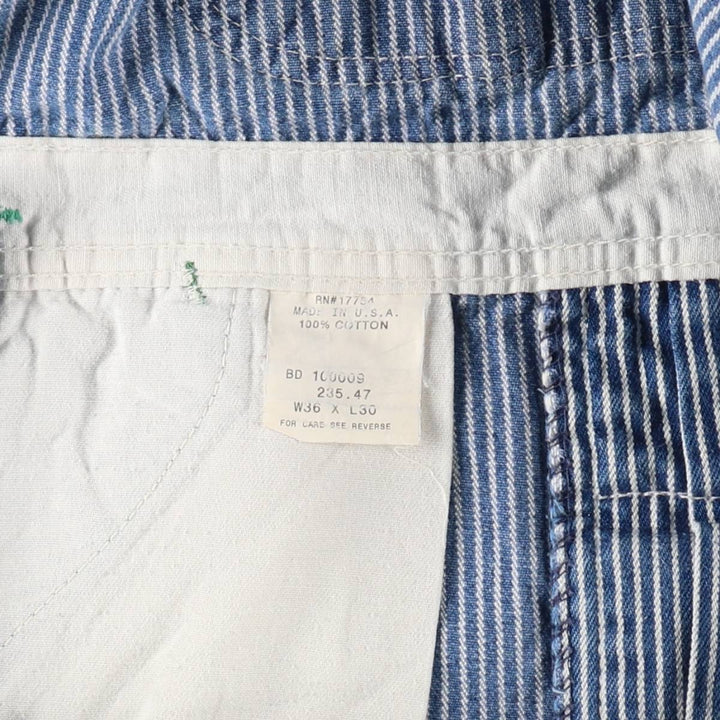 Key Stripe Pattern Painted Hickory Stripe Custom Denim Overalls, Made in USA, Men's W35 (approx.) cotton Indigo Vintage Second Hand