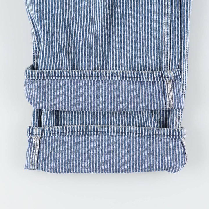 Key Stripe Pattern Painted Hickory Stripe Custom Denim Overalls, Made in USA, Men's W35 (approx.) cotton Indigo Vintage Second Hand