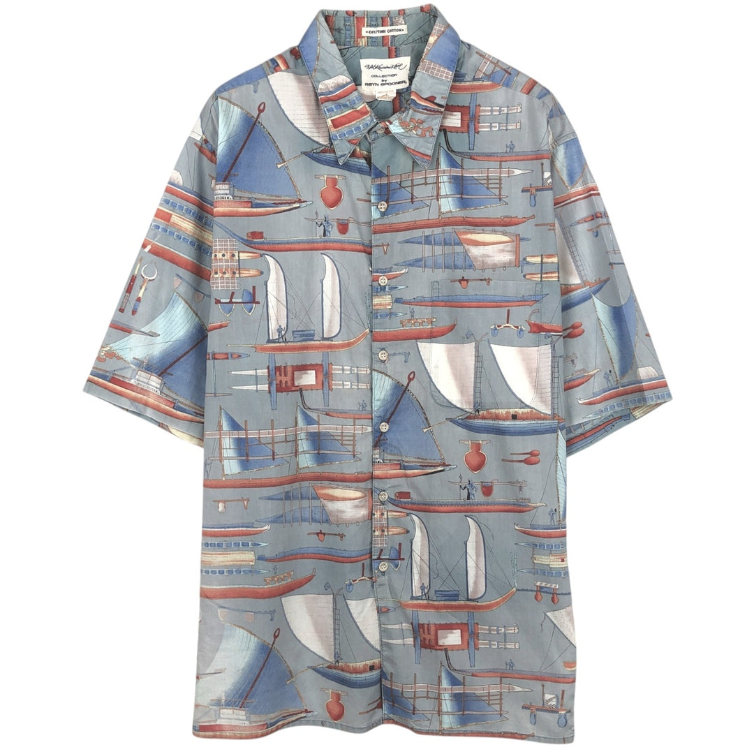 90'S Reyn Spooner DIETRICH VAREZ COLLECTION All-over Yacht Pattern Hawaiian Aloha Shirt Box Shirt Men's XL equivalent cotton Blue type light blue Vintage Second Hand