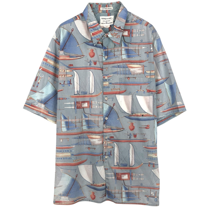 90'S Reyn Spooner DIETRICH VAREZ COLLECTION All-over Yacht Pattern Hawaiian Aloha Shirt Box Shirt Men's XL equivalent cotton Blue type light blue Vintage Second Hand
