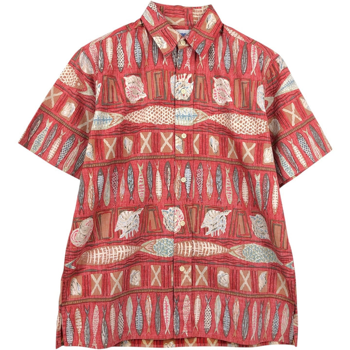 90'S Reyn Spooner swimwear tag, bikini tag, all-over print Hawaiian Aloha shirt, boxy shirt, made in Hawaii, men's size S equivalent. cotton red type Vintage Second Hand