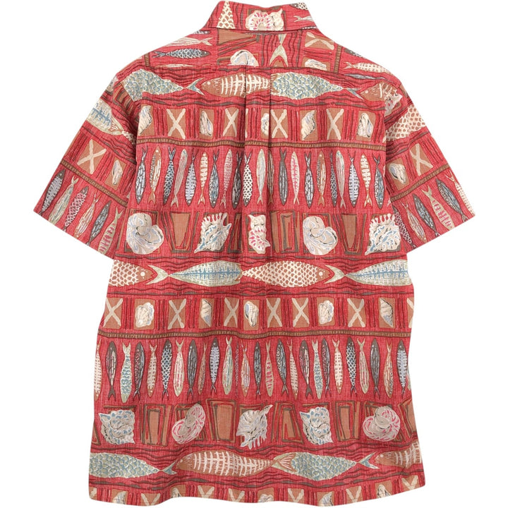 90'S Reyn Spooner swimwear tag, bikini tag, all-over print Hawaiian Aloha shirt, boxy shirt, made in Hawaii, men's size S equivalent. cotton red type Vintage Second Hand