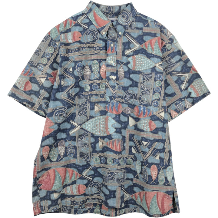 90'S Reyn Spooner Swimsuit Tag All-Over Print Pullover Button-Down Hawaiian Aloha Shirt Box Shirt Men's XL Size cotton navy blue type Vintage Second Hand