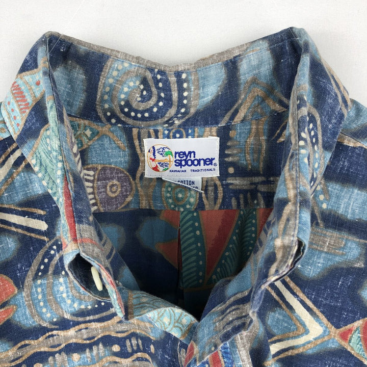 90'S Reyn Spooner Swimsuit Tag All-Over Print Pullover Button-Down Hawaiian Aloha Shirt Box Shirt Men's XL Size cotton navy blue type Vintage Second Hand