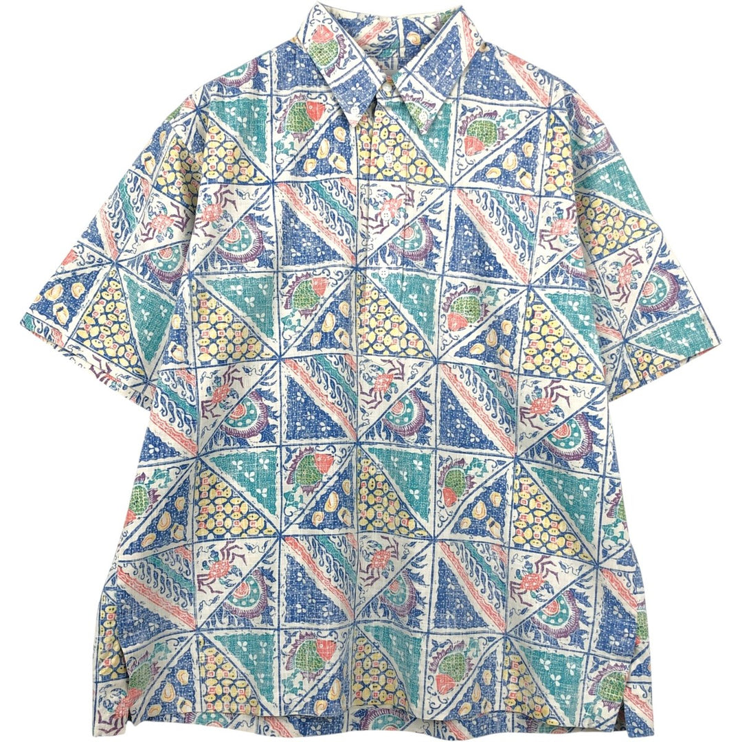 80'S Reyn Spooner Gold Tag All-Over Print Button-Down Pullover Aloha Shirt, Men's XL Equivalent, Vintage cotton blue type Vintage Second Hand