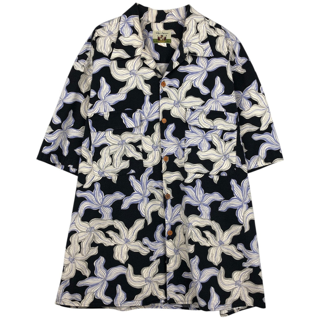 90'S Reyn Spooner all-over floral print open-collar Hawaiian Aloha shirt, boxy style, made in Hawaii, men's size XL equivalent. cotton navy blue type Vintage Second Hand