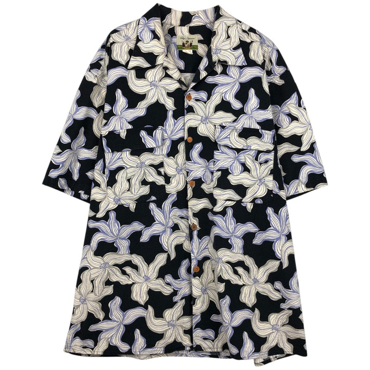 90'S Reyn Spooner all-over floral print open-collar Hawaiian Aloha shirt, boxy style, made in Hawaii, men's size XL equivalent. cotton navy blue type Vintage Second Hand