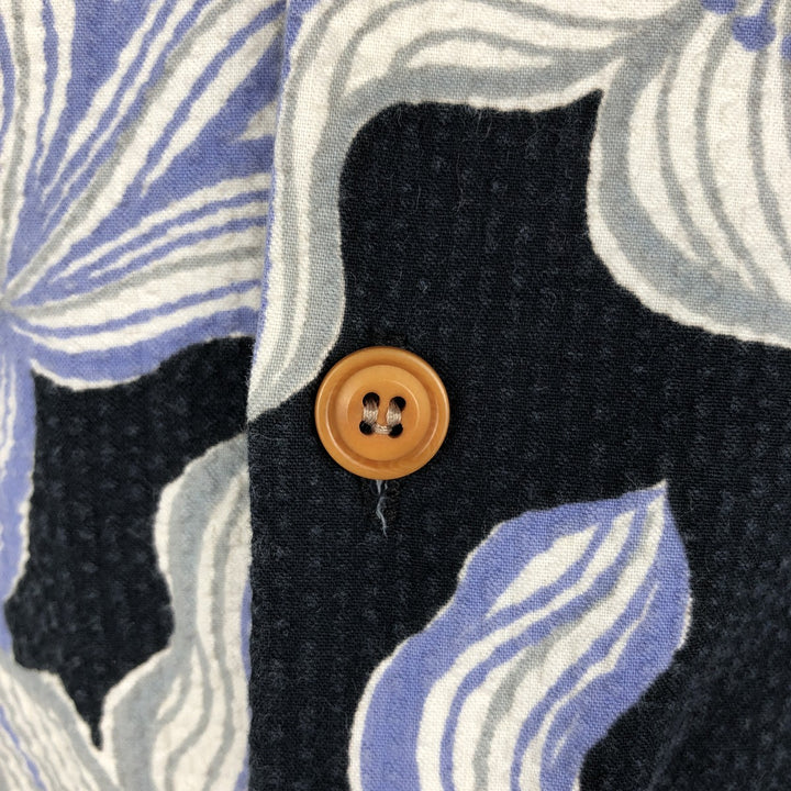 90'S Reyn Spooner all-over floral print open-collar Hawaiian Aloha shirt, boxy style, made in Hawaii, men's size XL equivalent. cotton navy blue type Vintage Second Hand