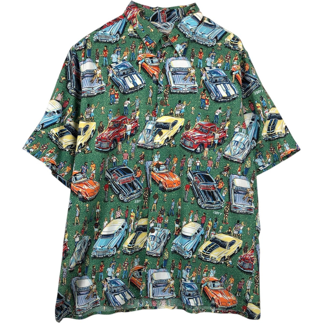 Reyn Spooner ART OF EDDY Y all-over print rayon Hawaiian Aloha shirt, boxy style, made in Hawaii, men's size XL equivalent. Rayon green type Vintage Second Hand