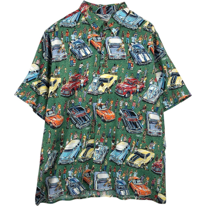 Reyn Spooner ART OF EDDY Y all-over print rayon Hawaiian Aloha shirt, boxy style, made in Hawaii, men's size XL equivalent. Rayon green type Vintage Second Hand