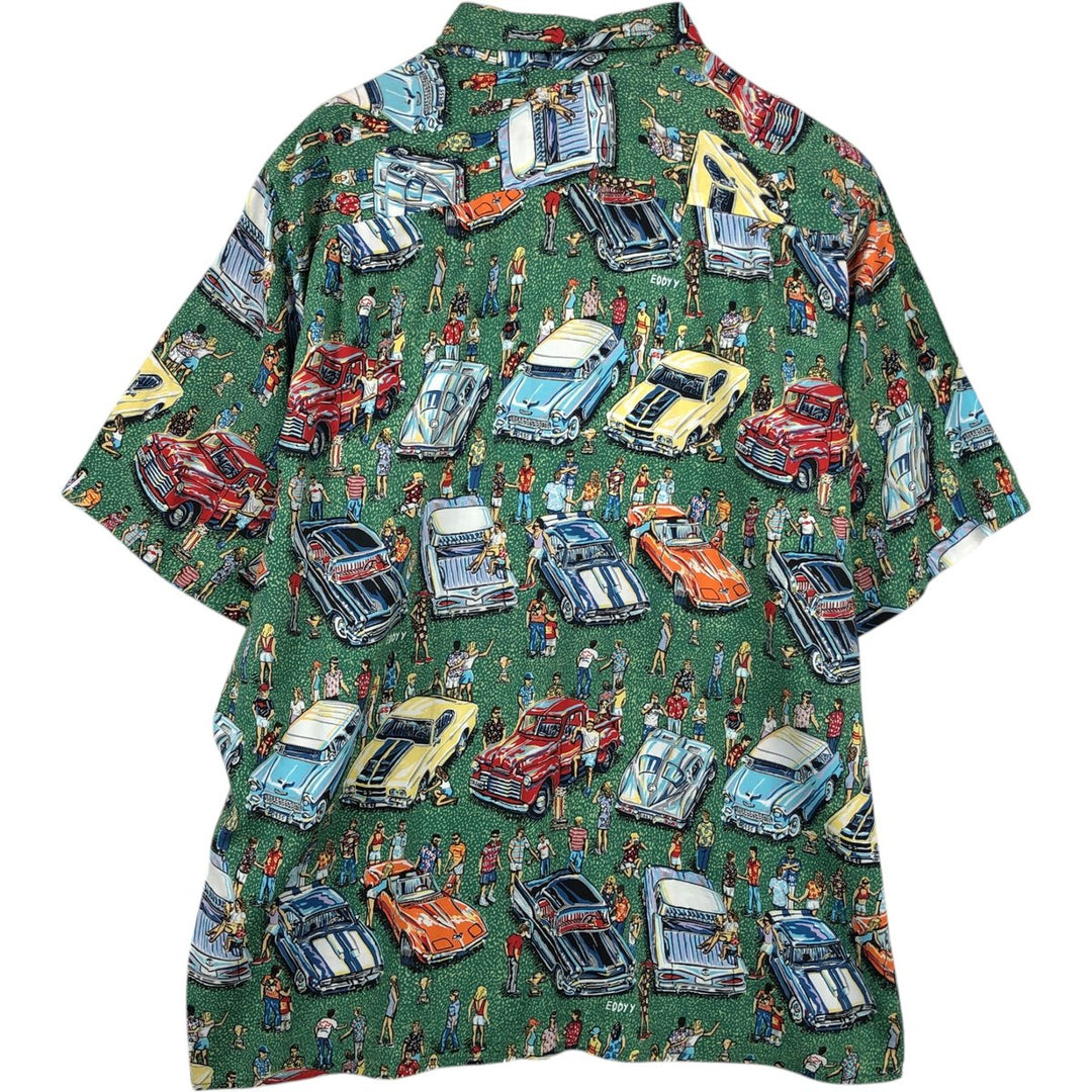 Reyn Spooner ART OF EDDY Y all-over print rayon Hawaiian Aloha shirt, boxy style, made in Hawaii, men's size XL equivalent. Rayon green type Vintage Second Hand