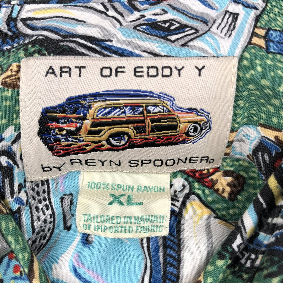 Reyn Spooner ART OF EDDY Y all-over print rayon Hawaiian Aloha shirt, boxy style, made in Hawaii, men's size XL equivalent. Rayon green type Vintage Second Hand