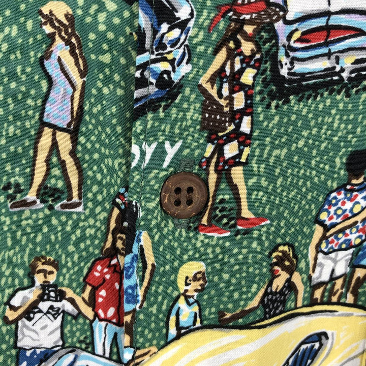 Reyn Spooner ART OF EDDY Y all-over print rayon Hawaiian Aloha shirt, boxy style, made in Hawaii, men's size XL equivalent. Rayon green type Vintage Second Hand