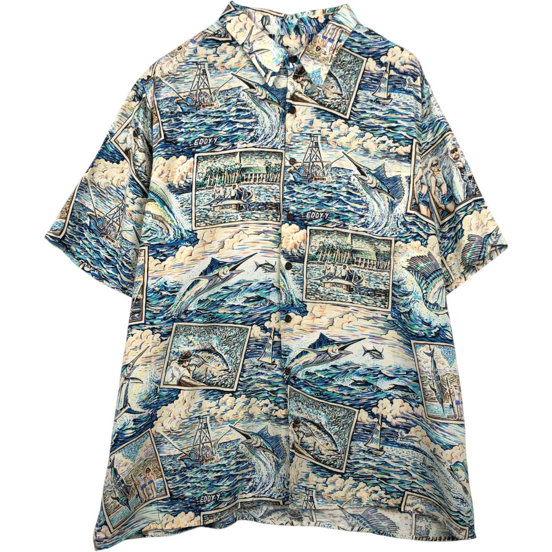 Reyn Spooner ART OF EDDY Y All-over print rayon Hawaiian Aloha shirt, boxy style, made in USA, men's size XXL equivalent. Rayon blue type Vintage Second Hand
