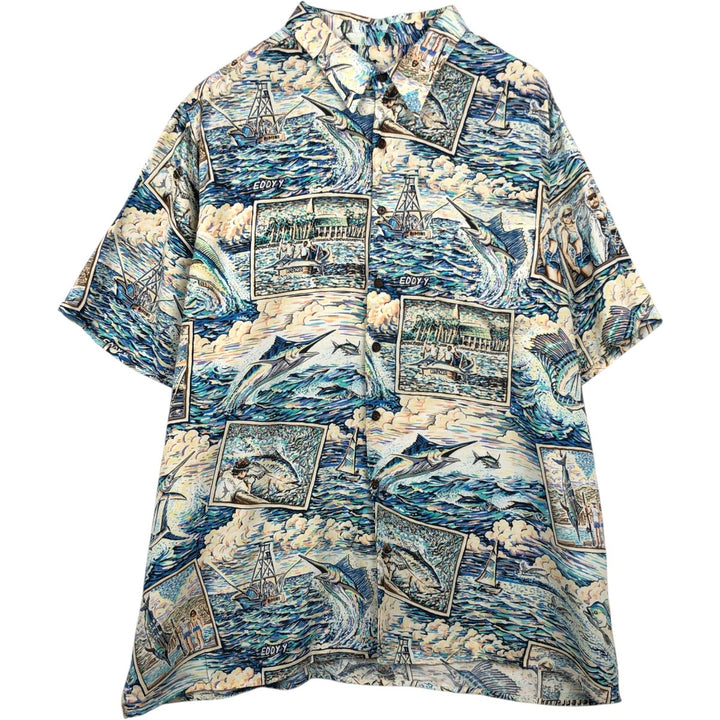 Reyn Spooner ART OF EDDY Y All-over print rayon Hawaiian Aloha shirt, boxy style, made in USA, men's size XXL equivalent. Rayon blue type Vintage Second Hand
