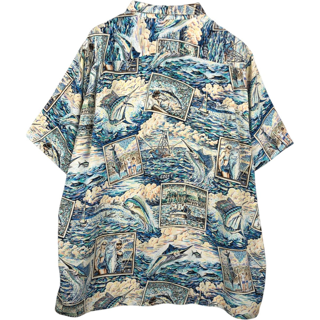 Reyn Spooner ART OF EDDY Y All-over print rayon Hawaiian Aloha shirt, boxy style, made in USA, men's size XXL equivalent. Rayon blue type Vintage Second Hand