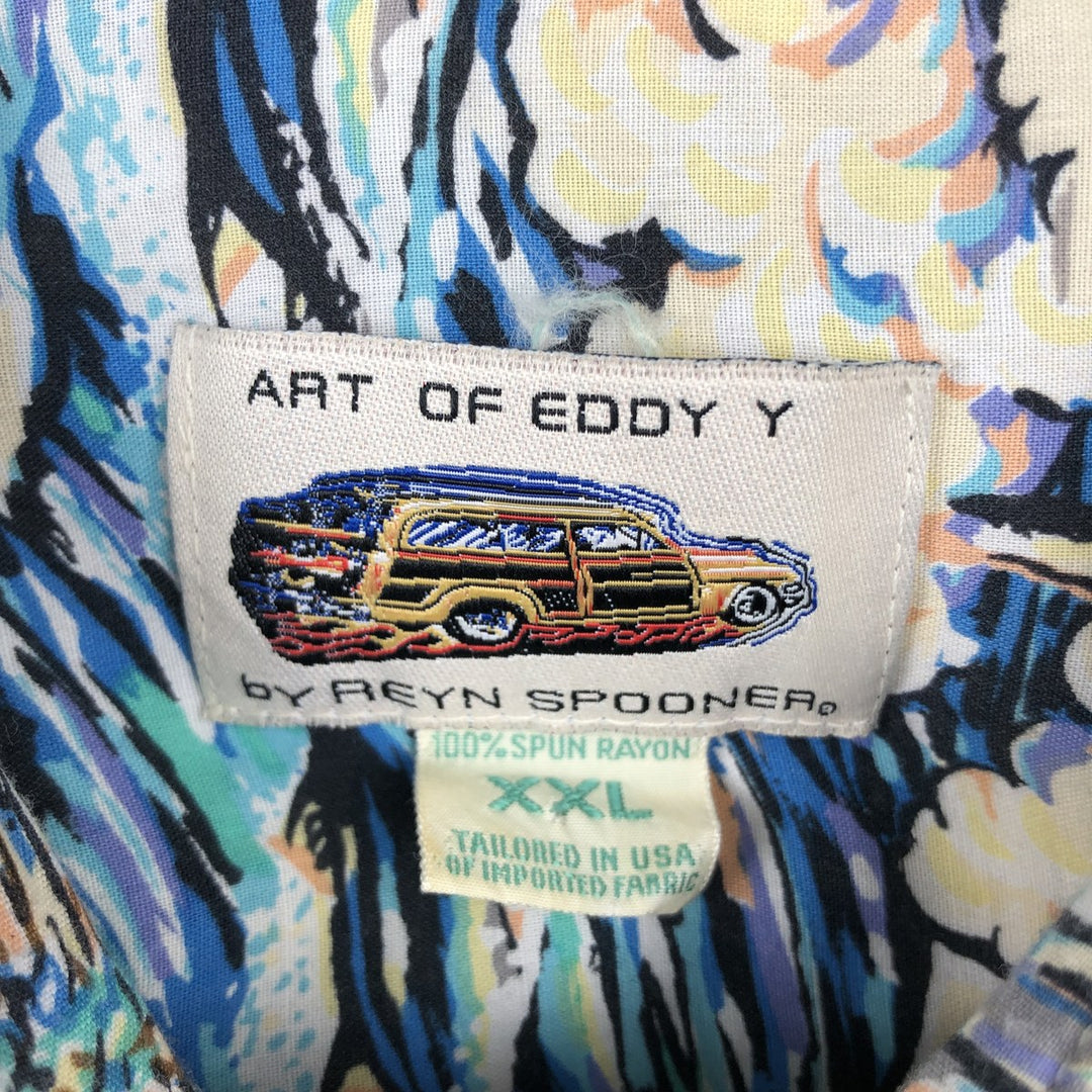 Reyn Spooner ART OF EDDY Y All-over print rayon Hawaiian Aloha shirt, boxy style, made in USA, men's size XXL equivalent. Rayon blue type Vintage Second Hand