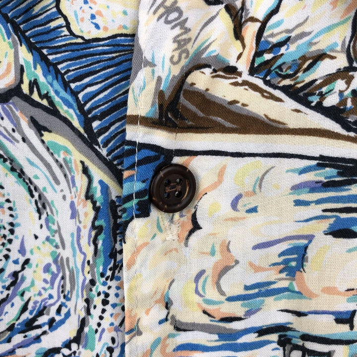 Reyn Spooner ART OF EDDY Y All-over print rayon Hawaiian Aloha shirt, boxy style, made in USA, men's size XXL equivalent. Rayon blue type Vintage Second Hand