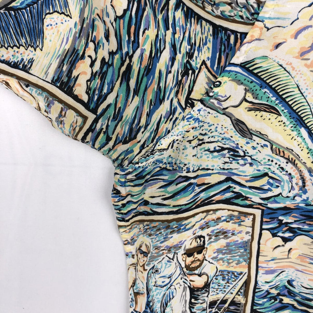 Reyn Spooner ART OF EDDY Y All-over print rayon Hawaiian Aloha shirt, boxy style, made in USA, men's size XXL equivalent. Rayon blue type Vintage Second Hand