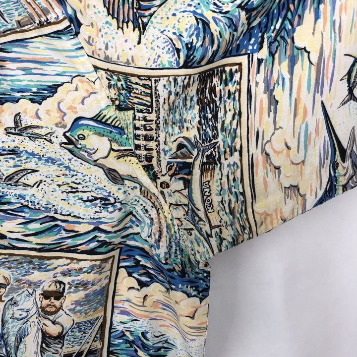Reyn Spooner ART OF EDDY Y All-over print rayon Hawaiian Aloha shirt, boxy style, made in USA, men's size XXL equivalent. Rayon blue type Vintage Second Hand