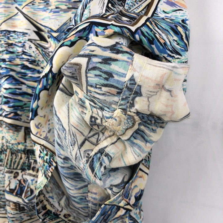 Reyn Spooner ART OF EDDY Y All-over print rayon Hawaiian Aloha shirt, boxy style, made in USA, men's size XXL equivalent. Rayon blue type Vintage Second Hand