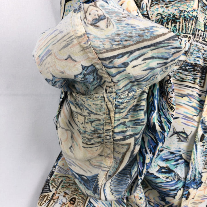 Reyn Spooner ART OF EDDY Y All-over print rayon Hawaiian Aloha shirt, boxy style, made in USA, men's size XXL equivalent. Rayon blue type Vintage Second Hand