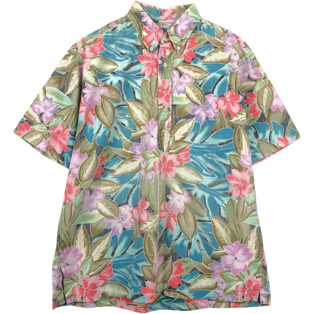 90'S Reyn Spooner Swimwear Tag All-over Botanical Pattern Pullover Button-Down Aloha Shirt Men's Size L (approx.) cotton navy blue type Vintage Second Hand