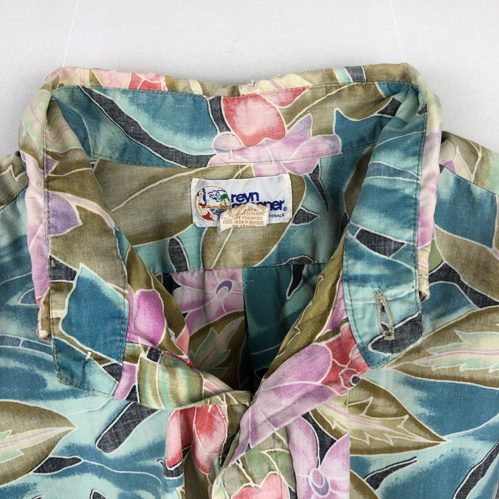 90'S Reyn Spooner Swimwear Tag All-over Botanical Pattern Pullover Button-Down Aloha Shirt Men's Size L (approx.) cotton navy blue type Vintage Second Hand