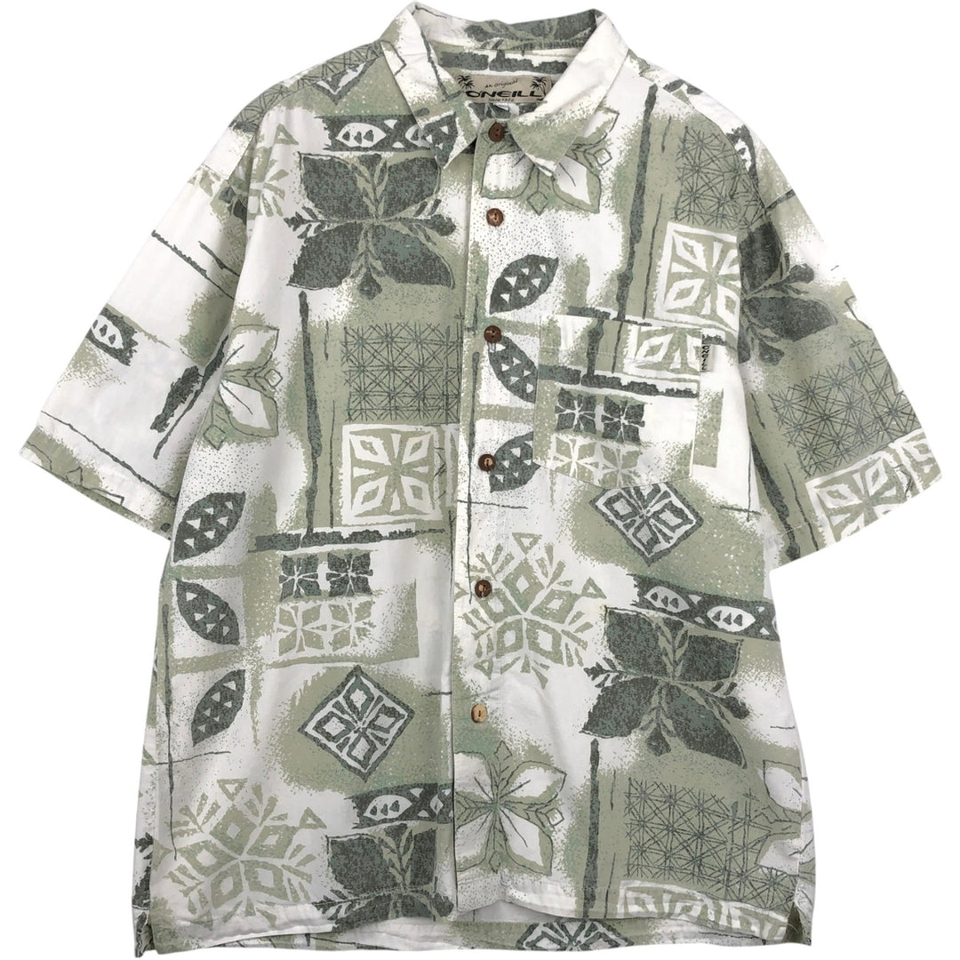 O'Neill all-over print Hawaiian Aloha shirt, boxy style, made in USA, men's size L equivalent. cotton white type Vintage Second Hand