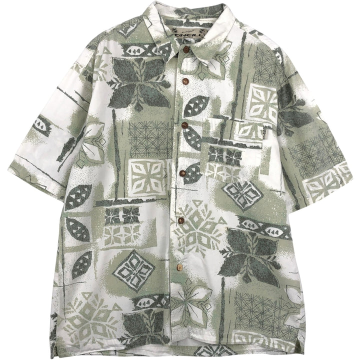 O'Neill all-over print Hawaiian Aloha shirt, boxy style, made in USA, men's size L equivalent. cotton white type Vintage Second Hand