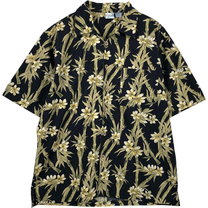 Ocean Pacific All-over Botanical Pattern Open Collar Hawaiian Aloha Shirt Box Shirt Men's Size M (approx.) cotton black type Vintage Second Hand