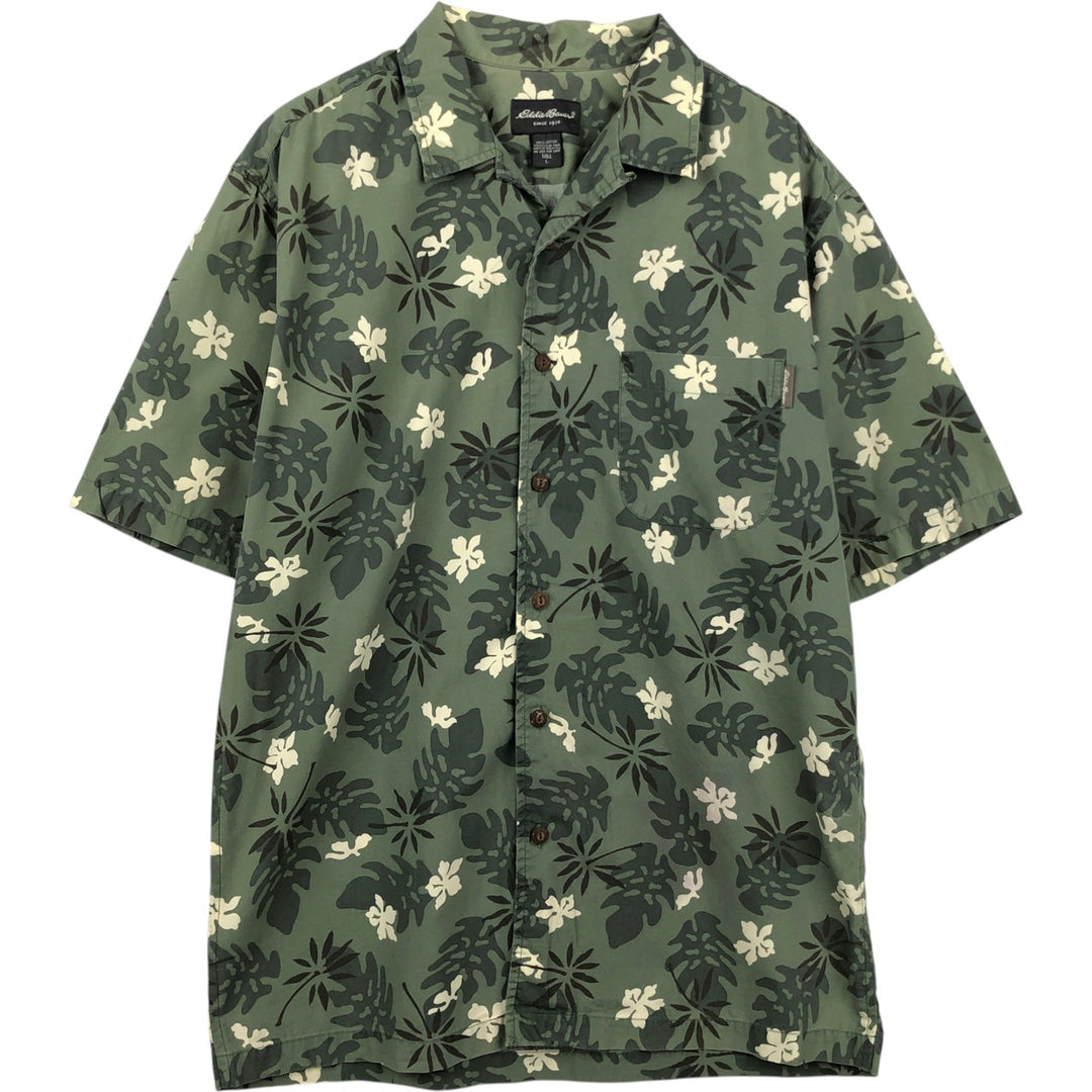 Eddie Bauer all-over botanical pattern open-collar Hawaiian Aloha shirt, boxy fit, men's size L. cotton Khaki type Vintage Second Hand