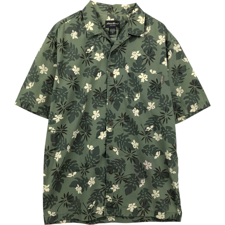 Eddie Bauer all-over botanical pattern open-collar Hawaiian Aloha shirt, boxy fit, men's size L. cotton Khaki type Vintage Second Hand