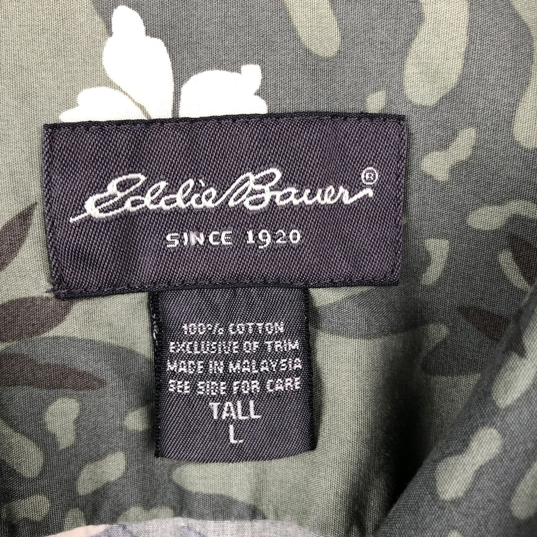 Eddie Bauer all-over botanical pattern open-collar Hawaiian Aloha shirt, boxy fit, men's size L. cotton Khaki type Vintage Second Hand